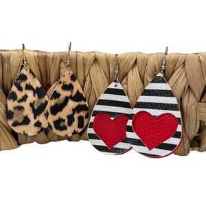 Faux Leather Teardrop Earrings Set of Two Leopard Print and Heart Cut Out